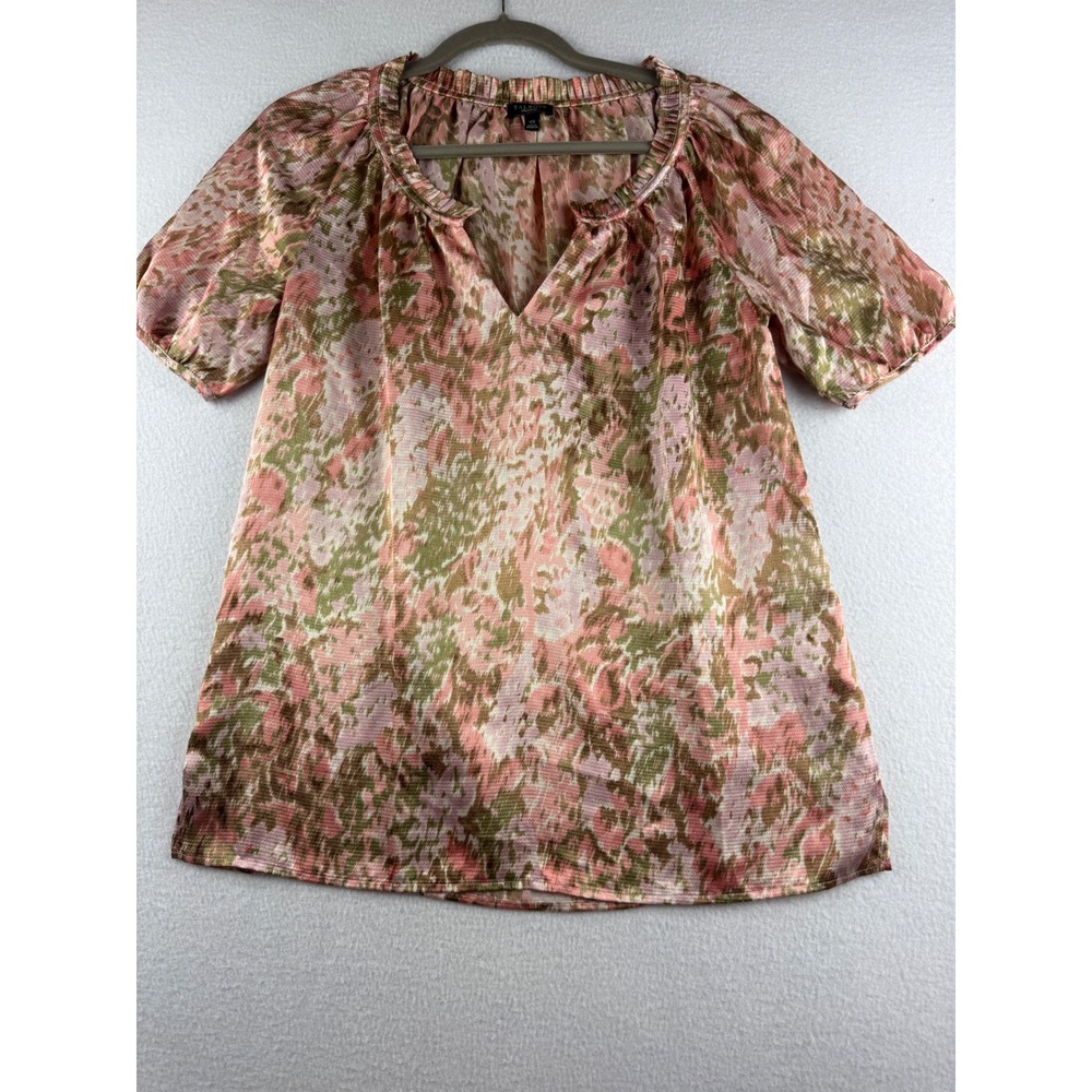 Talbots Womens Pink Green Abstract Floral Ruffle V-Neck Puff Sleeve Blouse XS